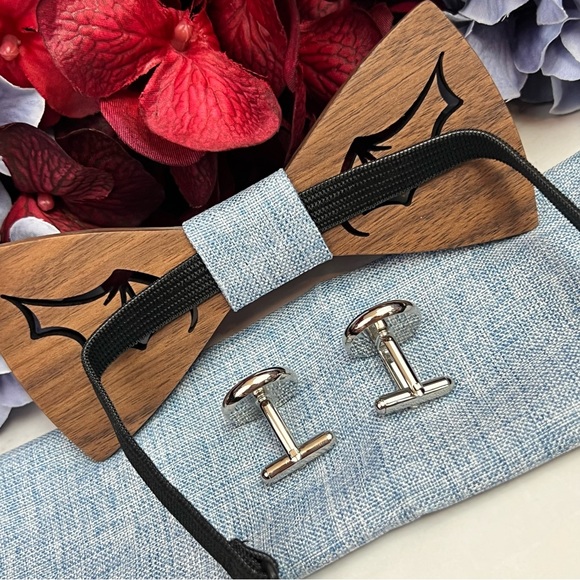 Handmade Wood Batwing Butterfly Bow Tie Cufflinks Blue Pocket Square Set - Picture 12 of 16